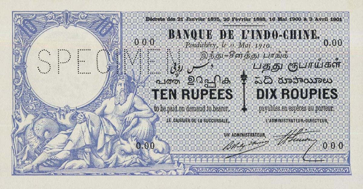 Front of French India p2s: 10 Roupies from 1919