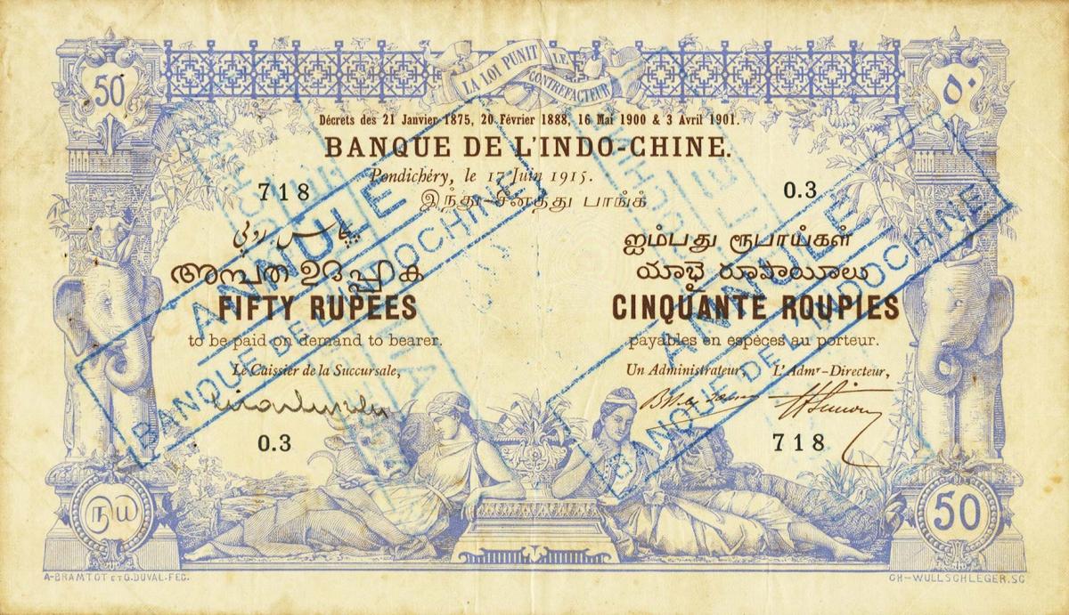 Front of French India p3b: 50 Roupies from 1915