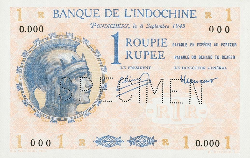 Front of French India p4s: 1 Roupie from 1919