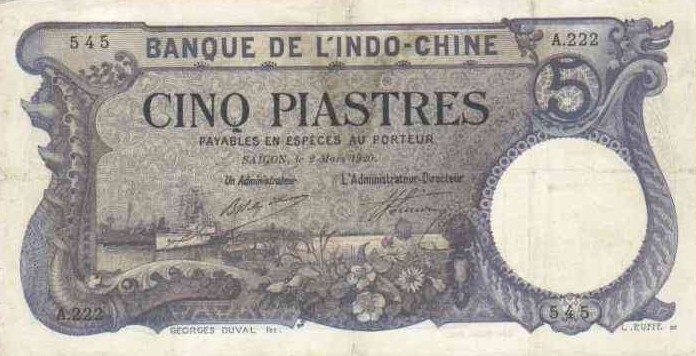 Front of French Indo-China p40: 5 Piastres from 1920