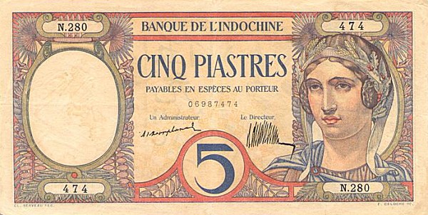 Front of French Indo-China p49a: 5 Piastres from 1926