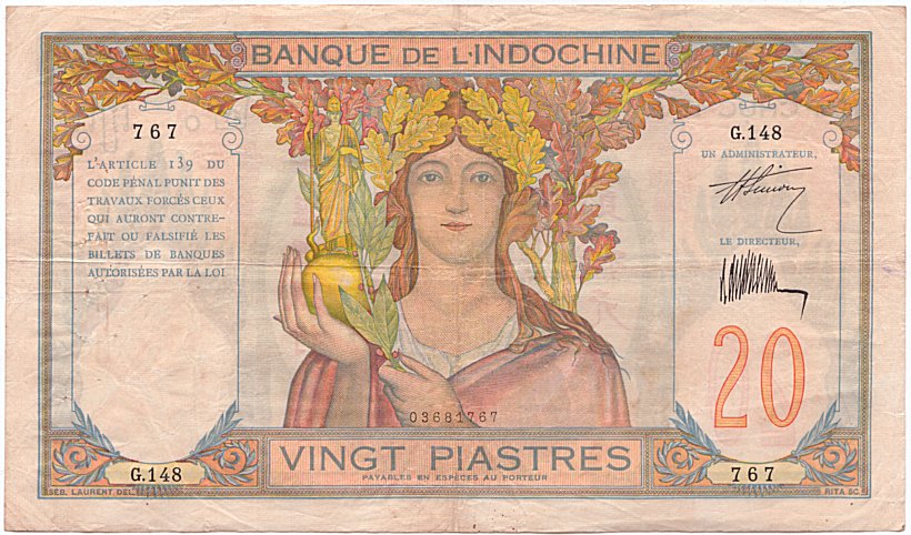 Front of French Indo-China p50: 20 Piastres from 1928