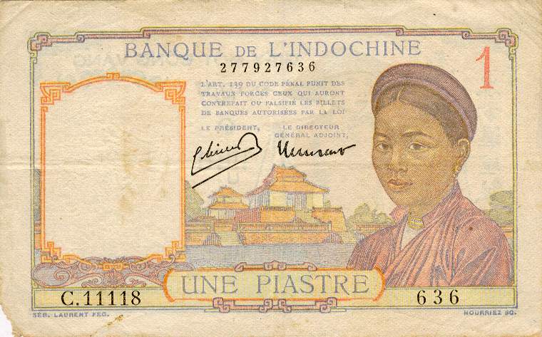 Front of French Indo-China p54e: 1 Piastre from 1949