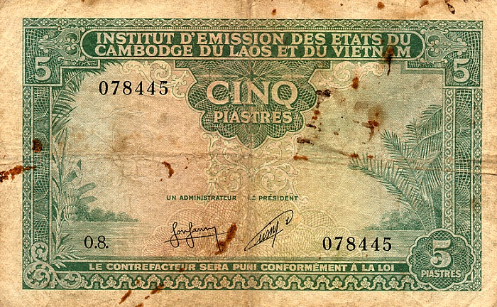 Front of French Indo-China p95: 5 Piastres from 1953