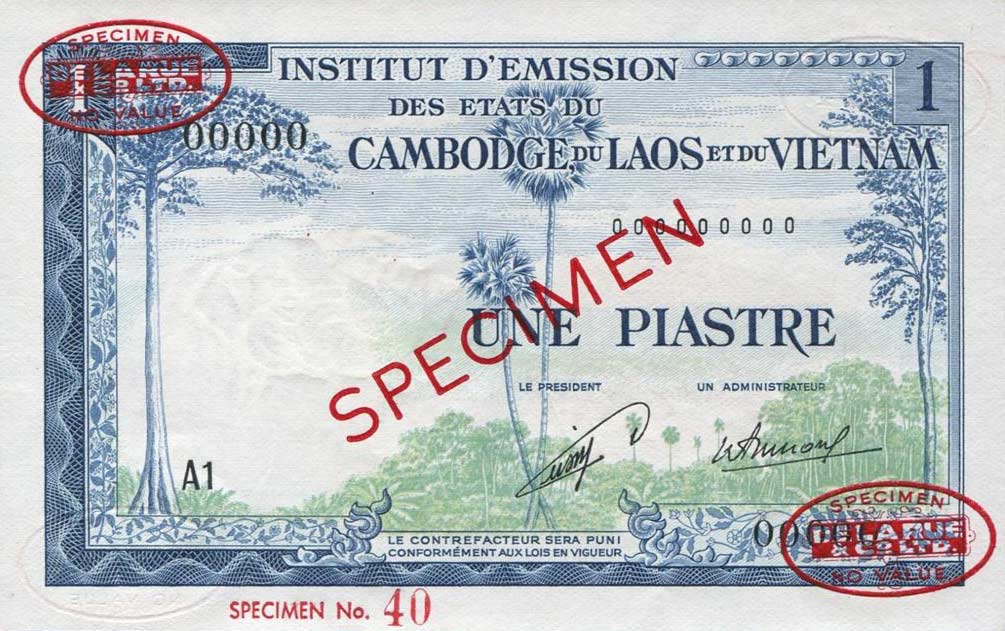 Front of French Indo-China p100s: 1 Piastre from 1954