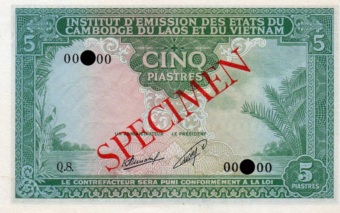 Front of French Indo-China p101s: 5 Piastres from 1953