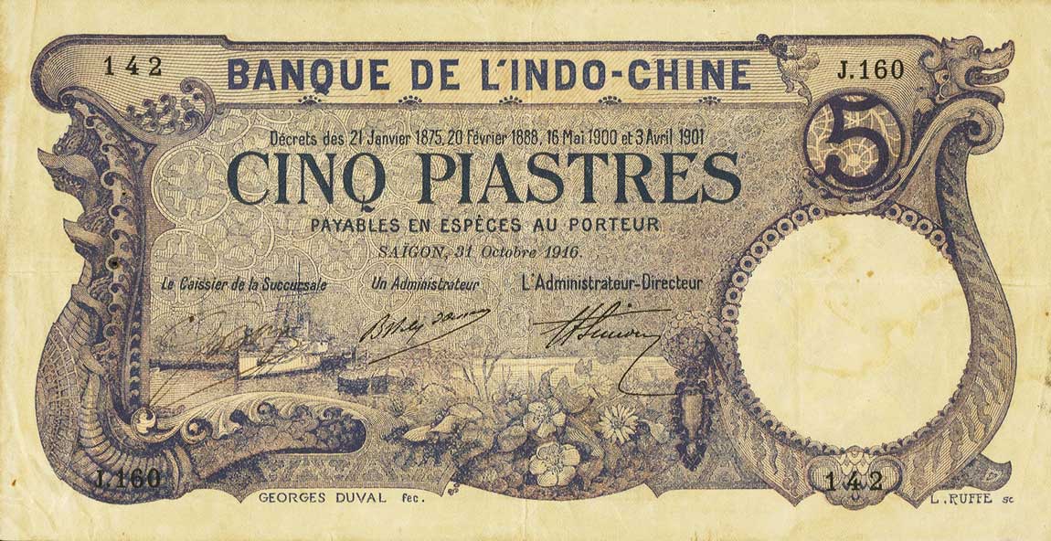 Front of French Indo-China p37b: 5 Piastres from 1910