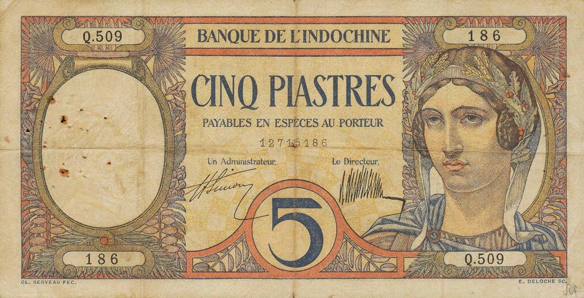 Front of French Indo-China p49b: 5 Piastres from 1927