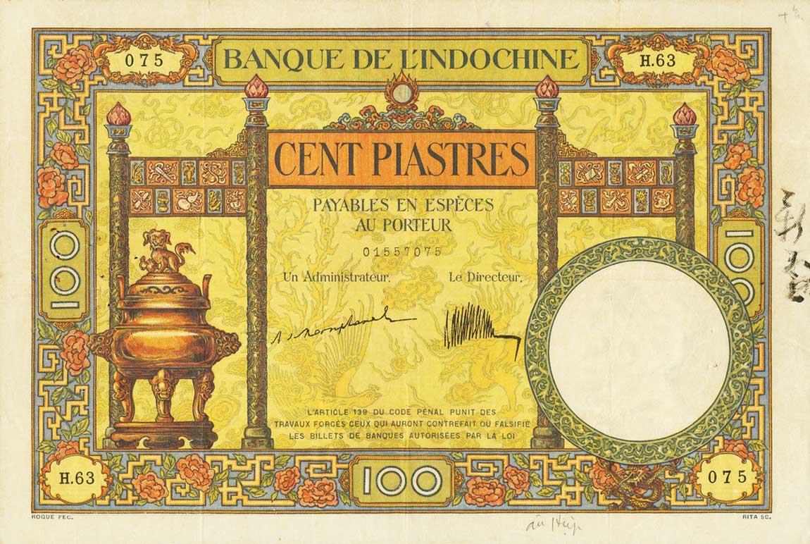 Front of French Indo-China p51a: 100 Piastres from 1925