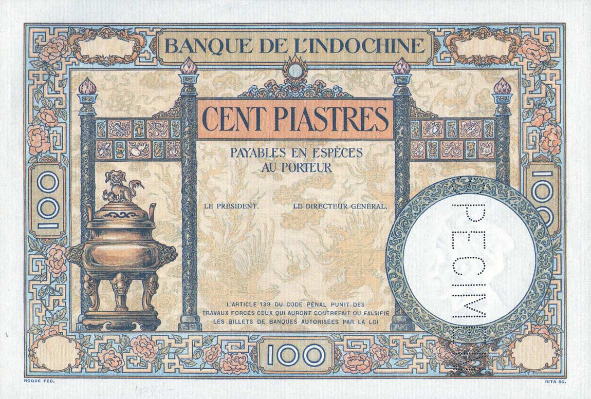 Front of French Indo-China p51s: 100 Piastres from 1925