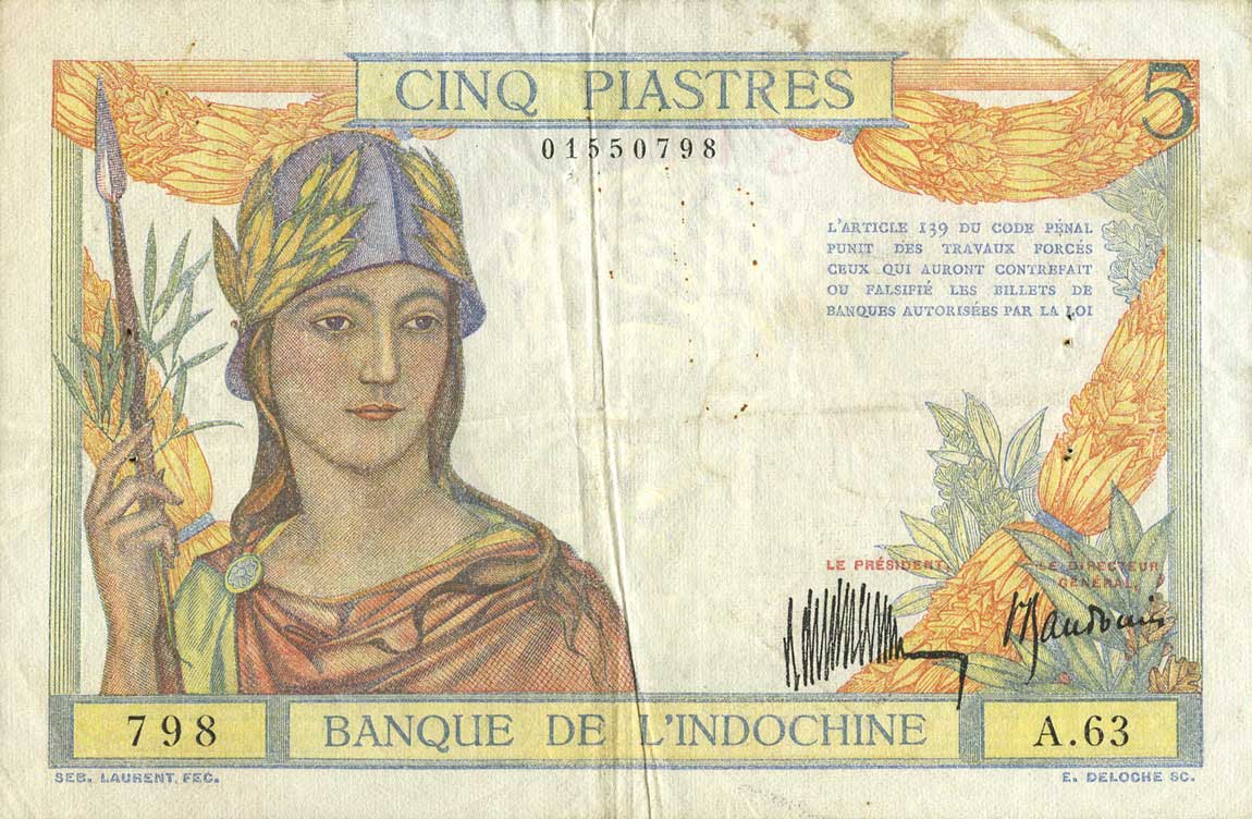 Front of French Indo-China p53a: 5 Piastres from 1932