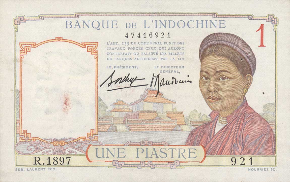 Front of French Indo-China p54b: 1 Piastre from 1936