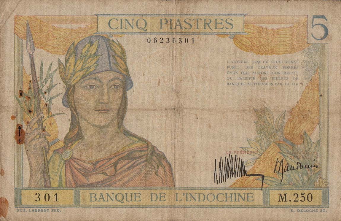 Front of French Indo-China p55a: 5 Piastres from 1932