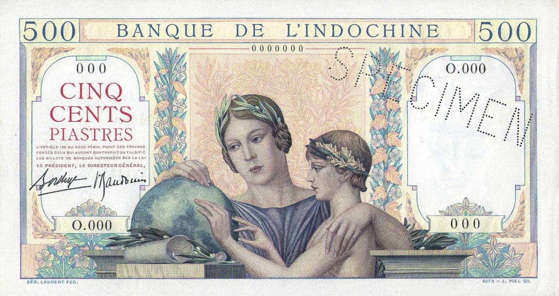 Front of French Indo-China p57s: 500 Piastres from 1939