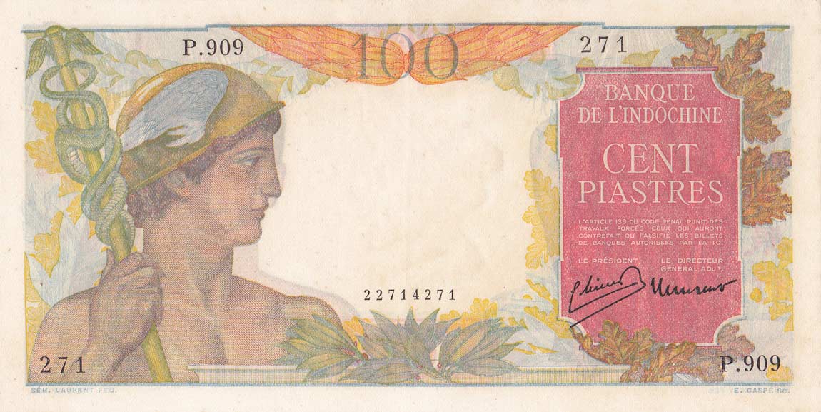 Front of French Indo-China p82a: 100 Piastres from 1947