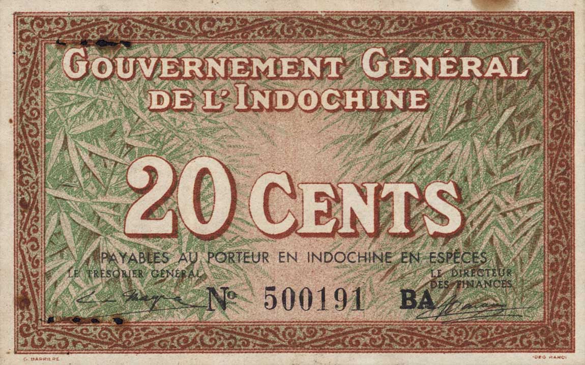 Front of French Indo-China p86c: 20 Cents from 1939