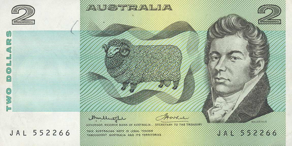 Front of Australia p43b2: 2 Dollars from 1976