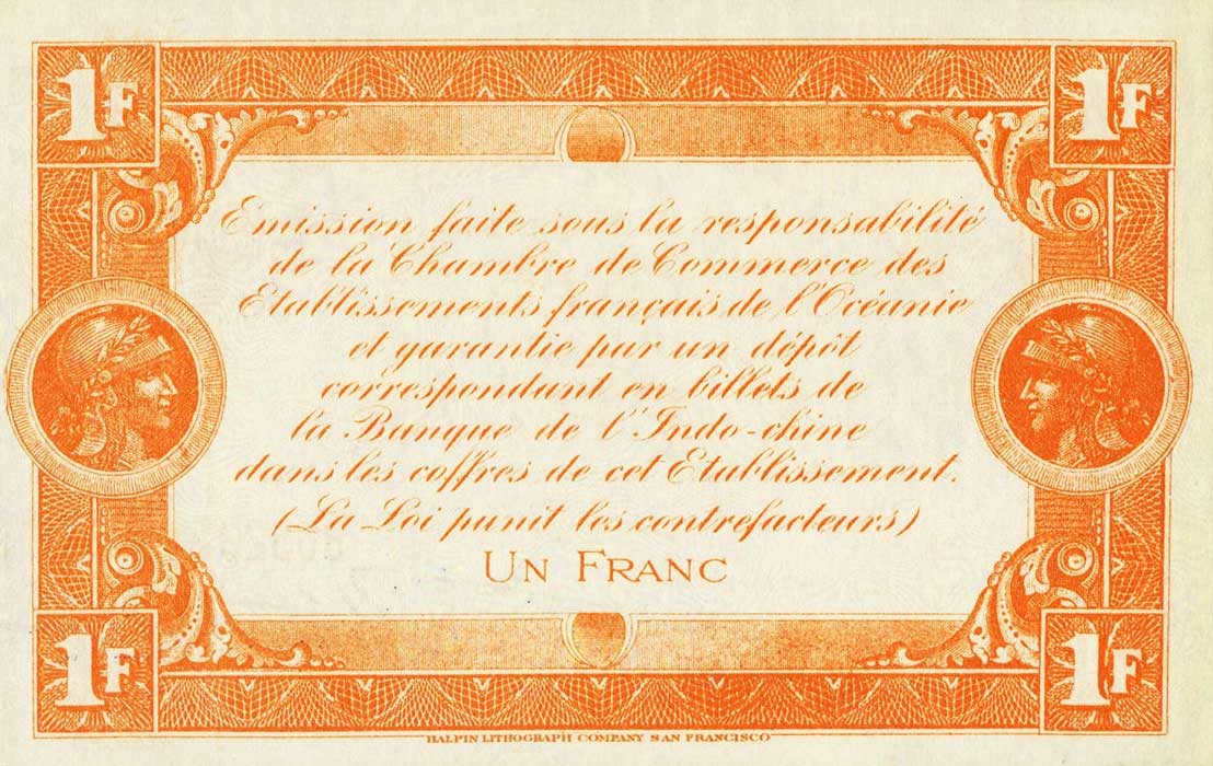 Back of French Oceania p3: 1 Franc from 1919