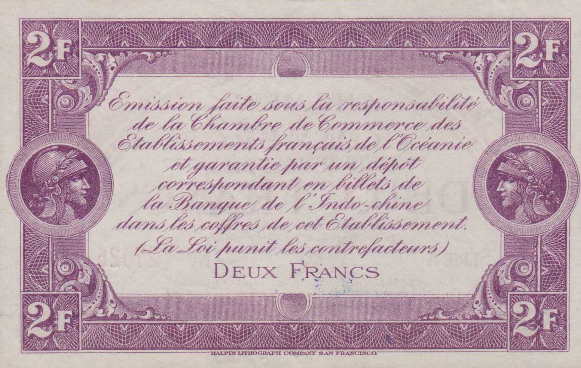Back of French Oceania p4: 2 Francs from 1919