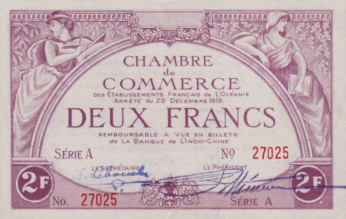 Front of French Oceania p4: 2 Francs from 1919