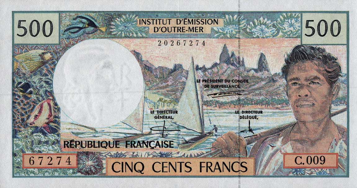 Front of French Pacific Territories p1c: 500 Francs from 1992