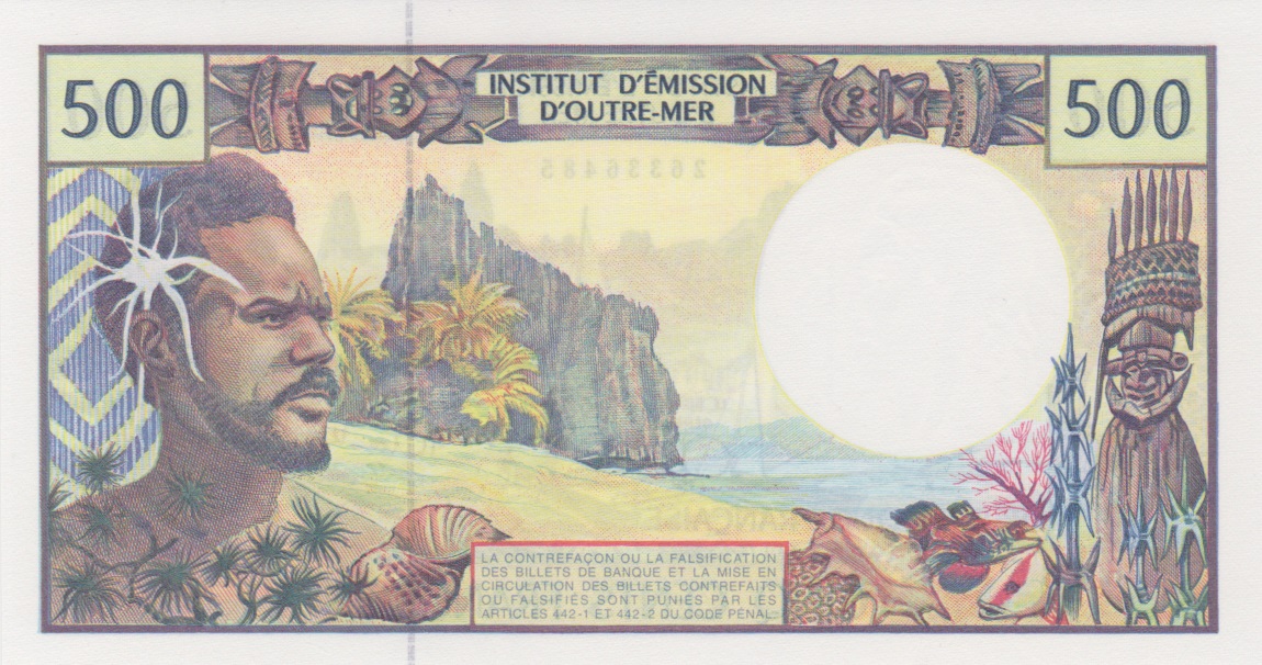 Back of French Pacific Territories p1e: 500 Francs from 1992