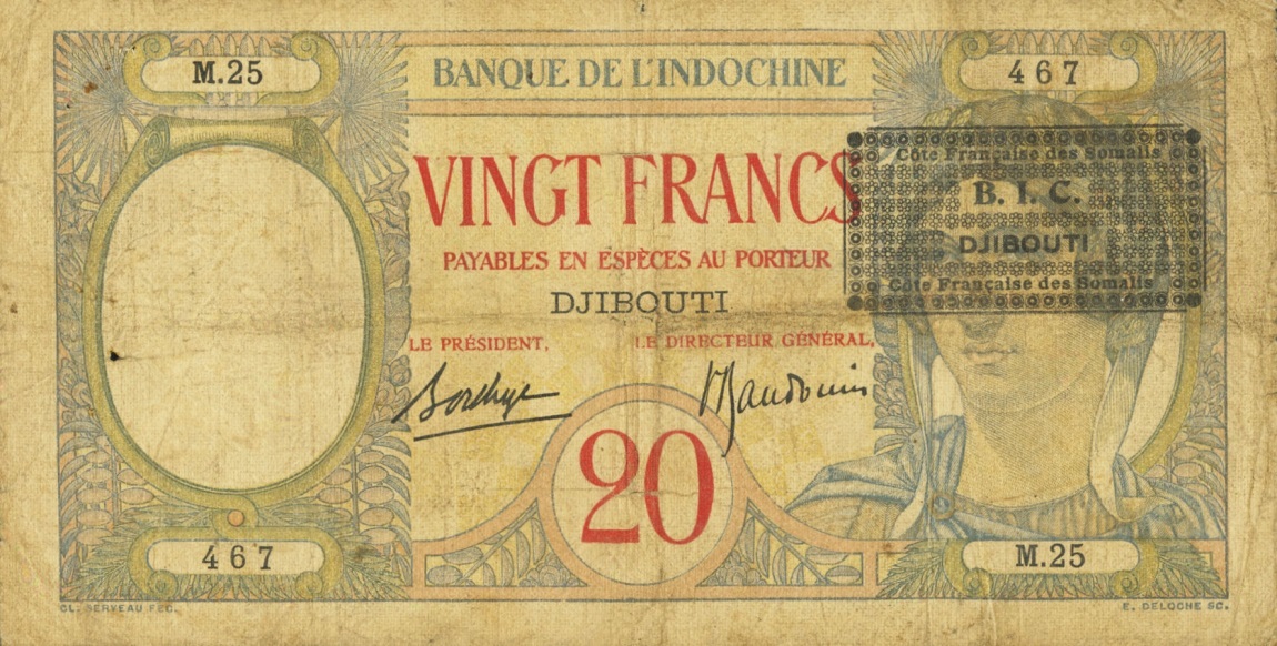 Front of French Somaliland p12A: 20 Francs from 1943