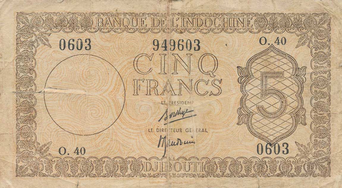 Front of French Somaliland p14: 5 Francs from 1945