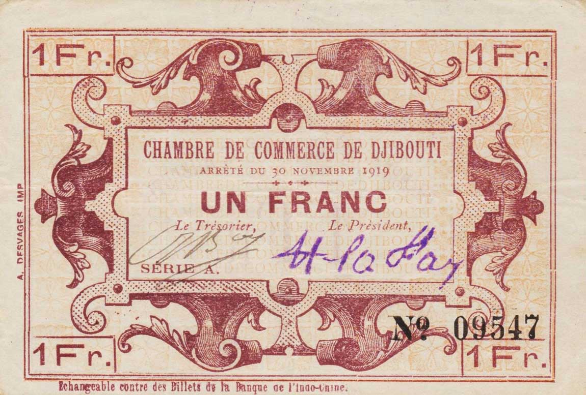 Front of French Somaliland p24: 1 Franc from 1919