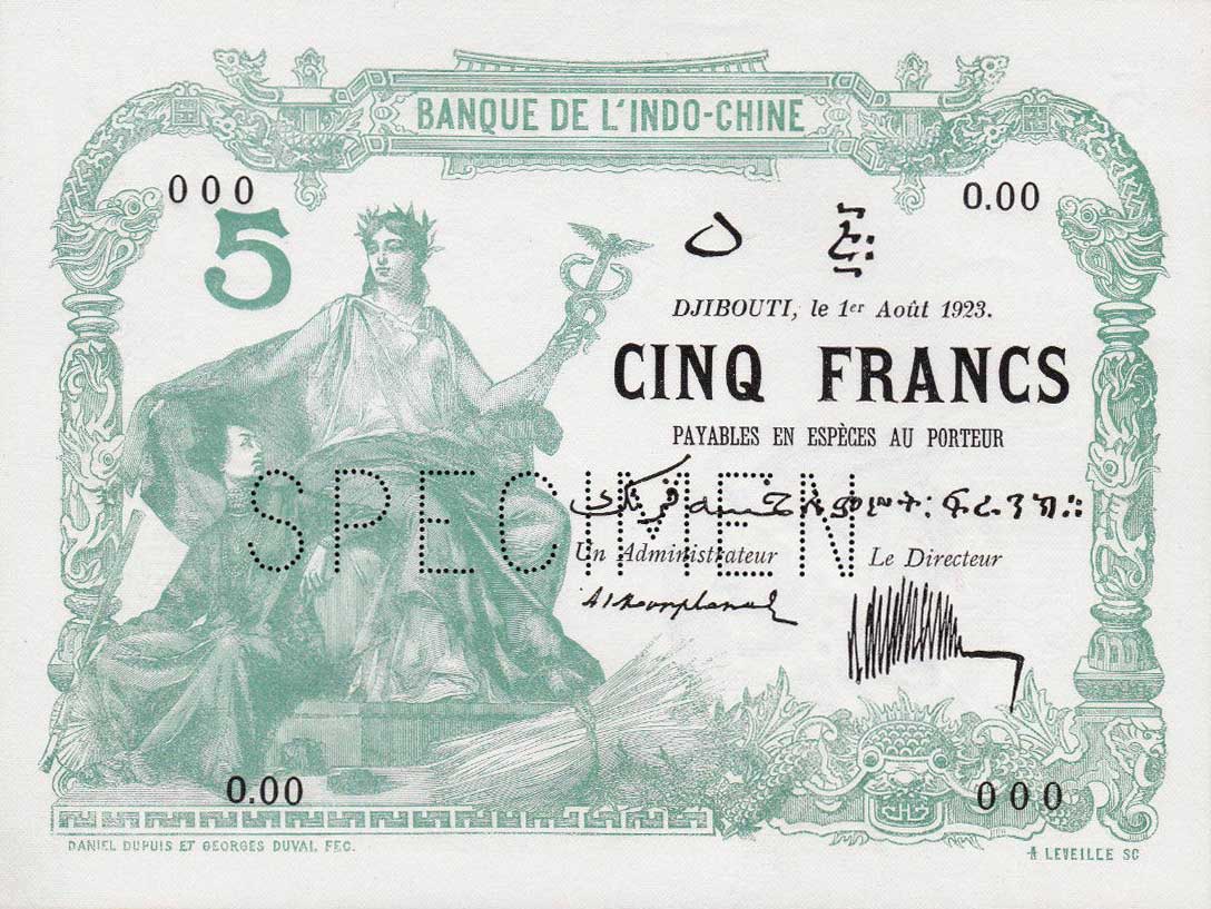 Front of French Somaliland p4As: 5 Francs from 1923