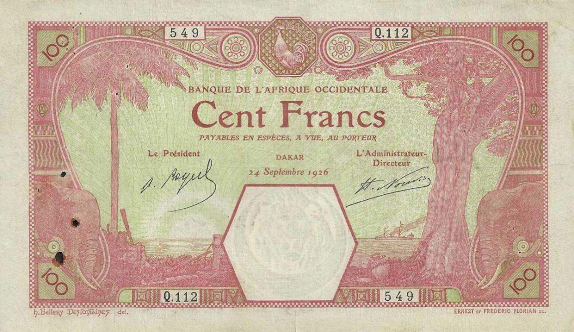 Front of French West Africa p11Bb: 100 Francs from 1926