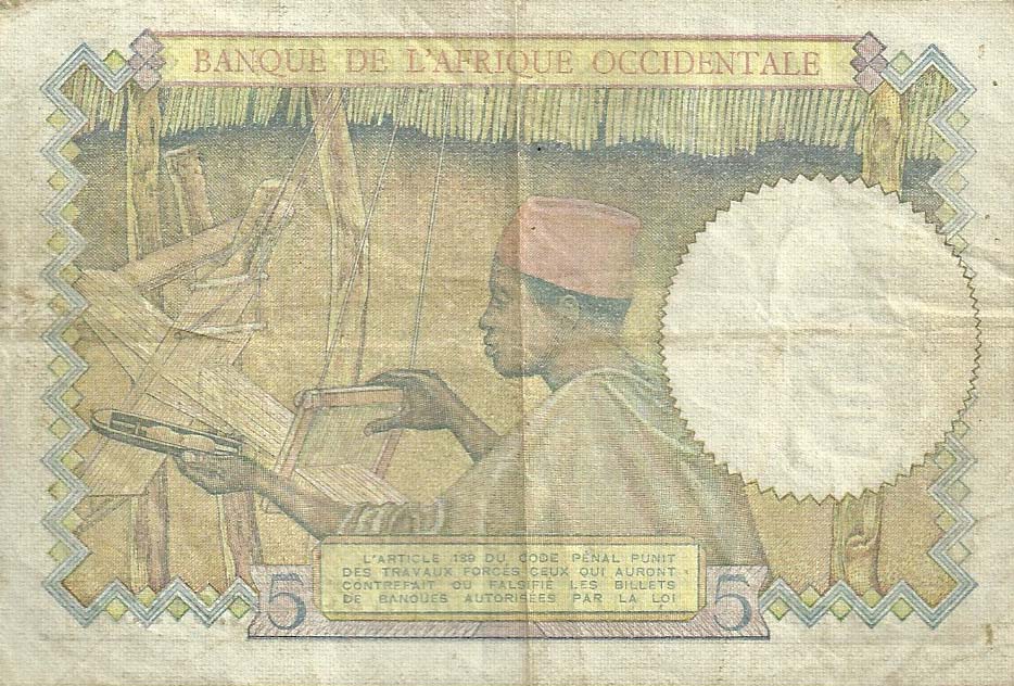 Back of French West Africa p21: 5 Francs from 1934