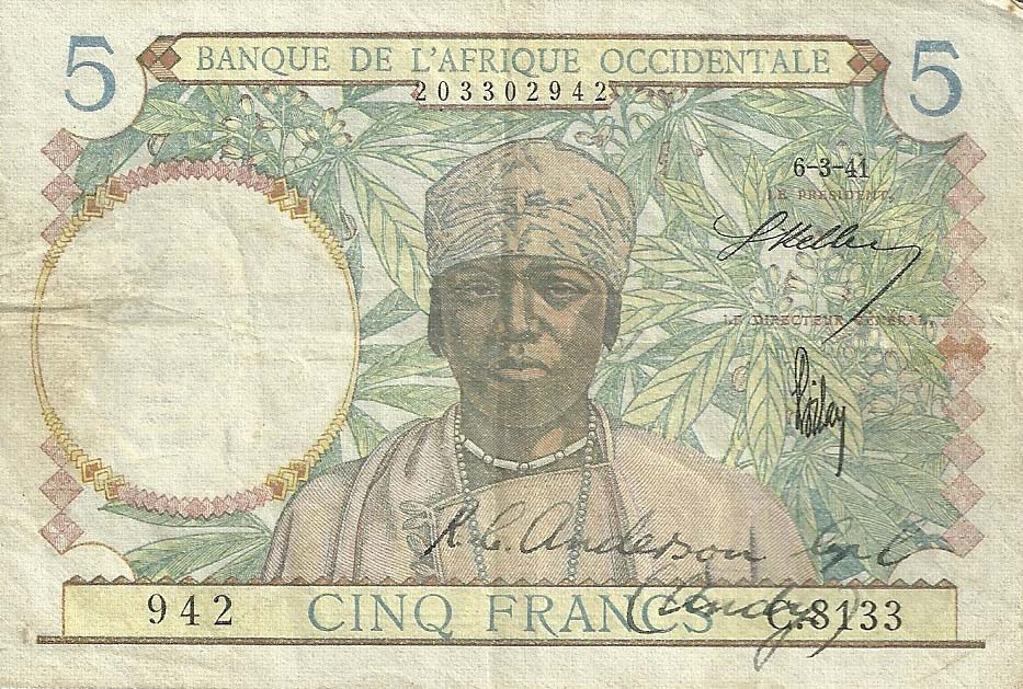 Front of French West Africa p21: 5 Francs from 1934