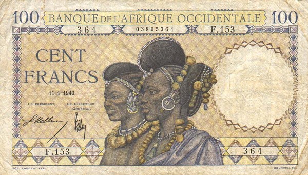 Front of French West Africa p23: 100 Francs from 1936