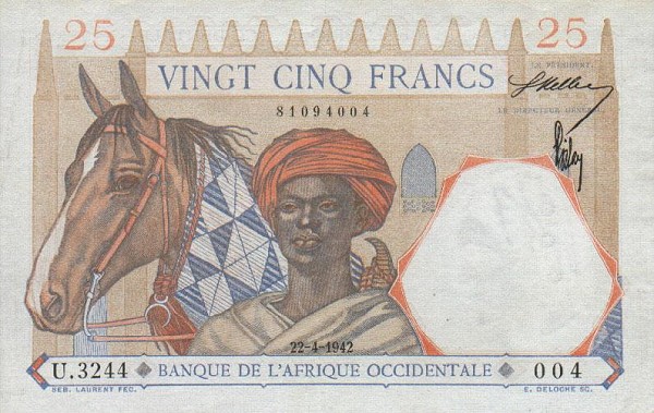 Front of French West Africa p27: 25 Francs from 1942