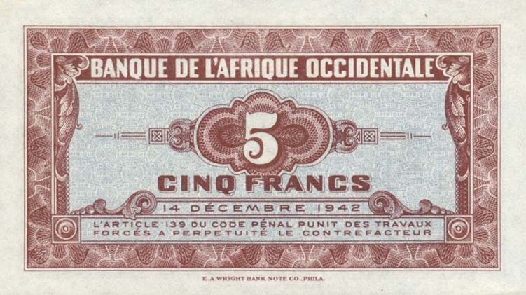Back of French West Africa p28b: 5 Francs from 1942