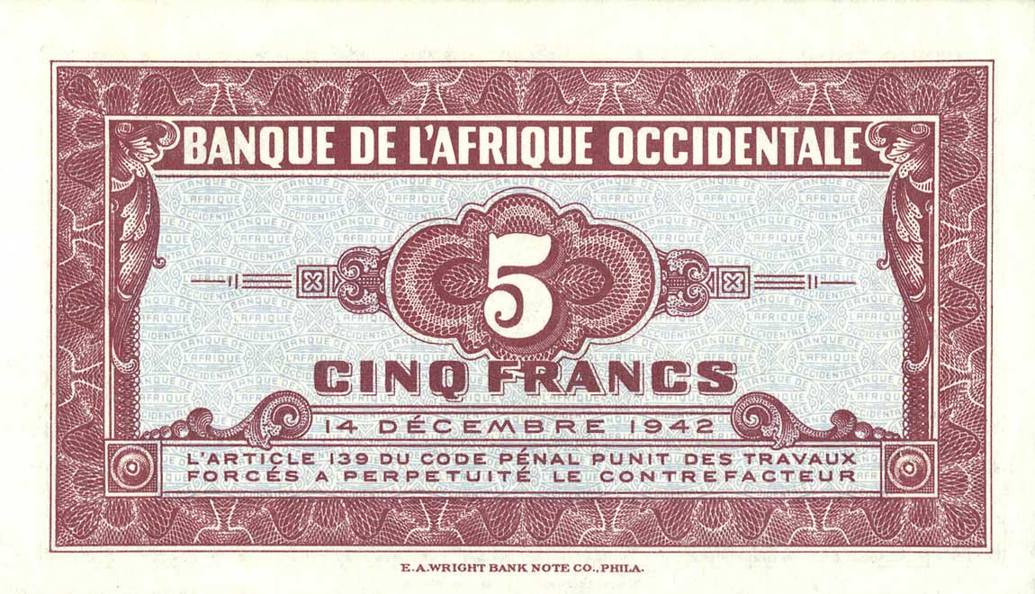 Back of French West Africa p28c: 5 Francs from 1942