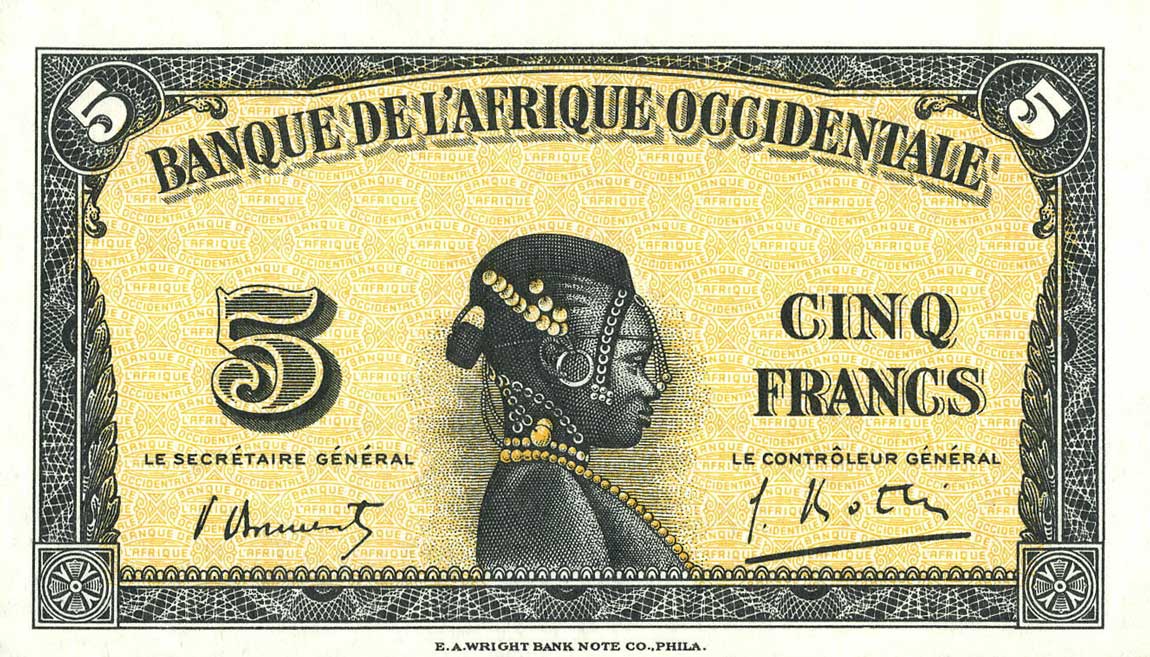 Front of French West Africa p28c: 5 Francs from 1942