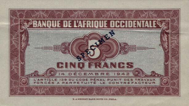 Back of French West Africa p28s1: 5 Francs from 1942