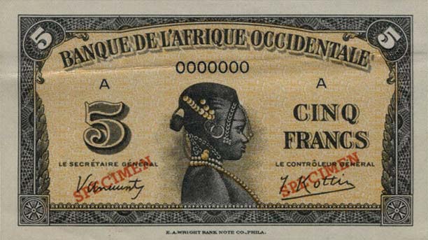 Front of French West Africa p28s1: 5 Francs from 1942