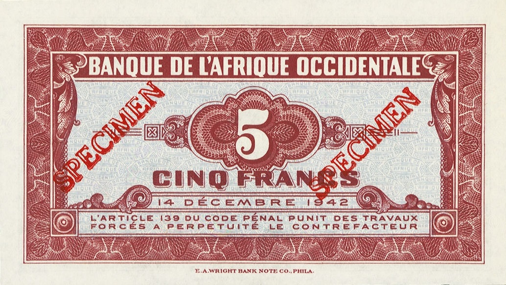 Back of French West Africa p28s2: 5 Francs from 1942