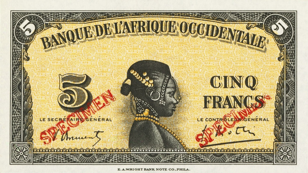 Front of French West Africa p28s2: 5 Francs from 1942