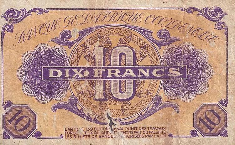 Back of French West Africa p29: 10 Francs from 1943