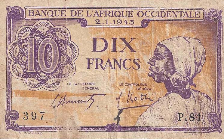 Front of French West Africa p29: 10 Francs from 1943