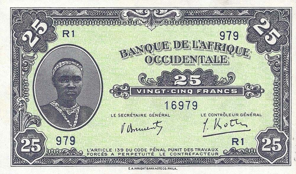 Front of French West Africa p30b: 25 Francs from 1942