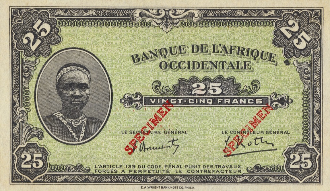 Front of French West Africa p30s: 25 Francs from 1942