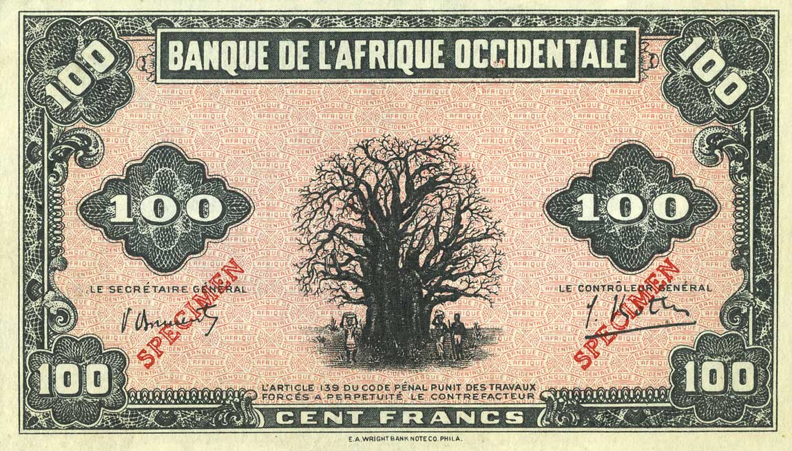 Front of French West Africa p31s: 100 Francs from 1942