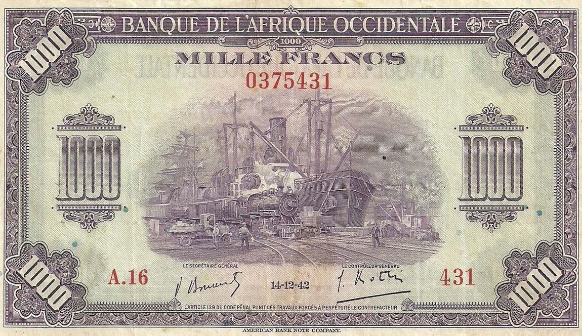 Front of French West Africa p32a: 1000 Francs from 1942