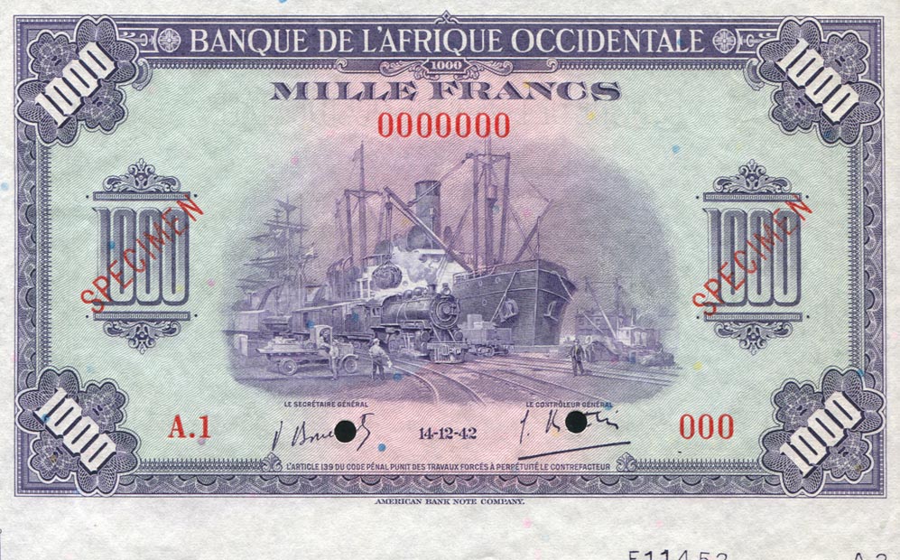 Front of French West Africa p32s: 1000 Francs from 1942