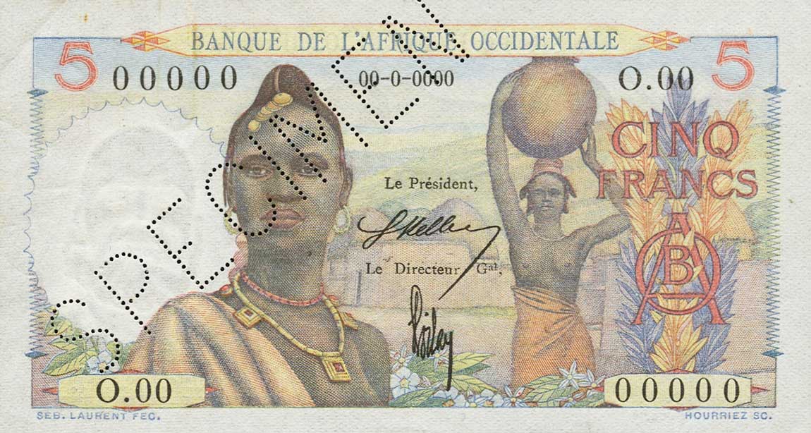 Front of French West Africa p36s: 5 Francs from 1943